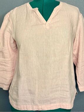 LL Bean Linen Blouse M Light Shell Pink Split Neck 3/4 Sleeve